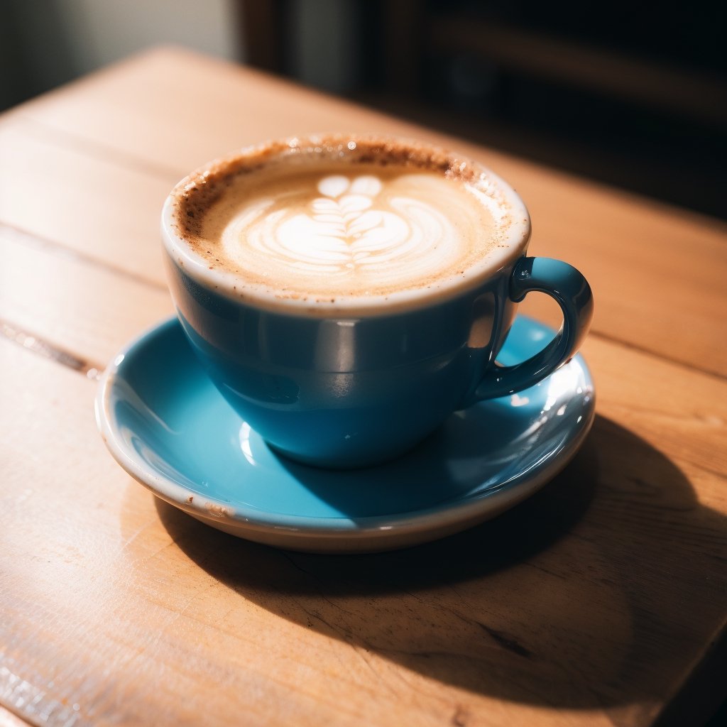 raw photo of cup of coffee in a blue cup with latte art in a beautiful aesthetic cafe on a black wooden table, morning lighting and cozy vibes, depth of field