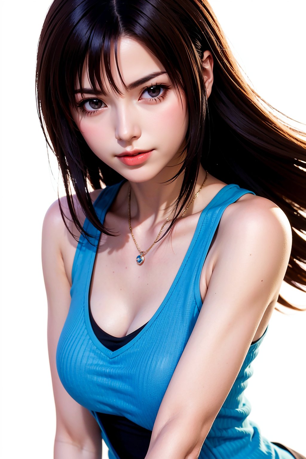 woman, rinoa, long hair, brown hair, brown eyes, blue sleeveless dress, black tank top, (arm ribbon), collarbone, looking at viewer, medium shot, white background