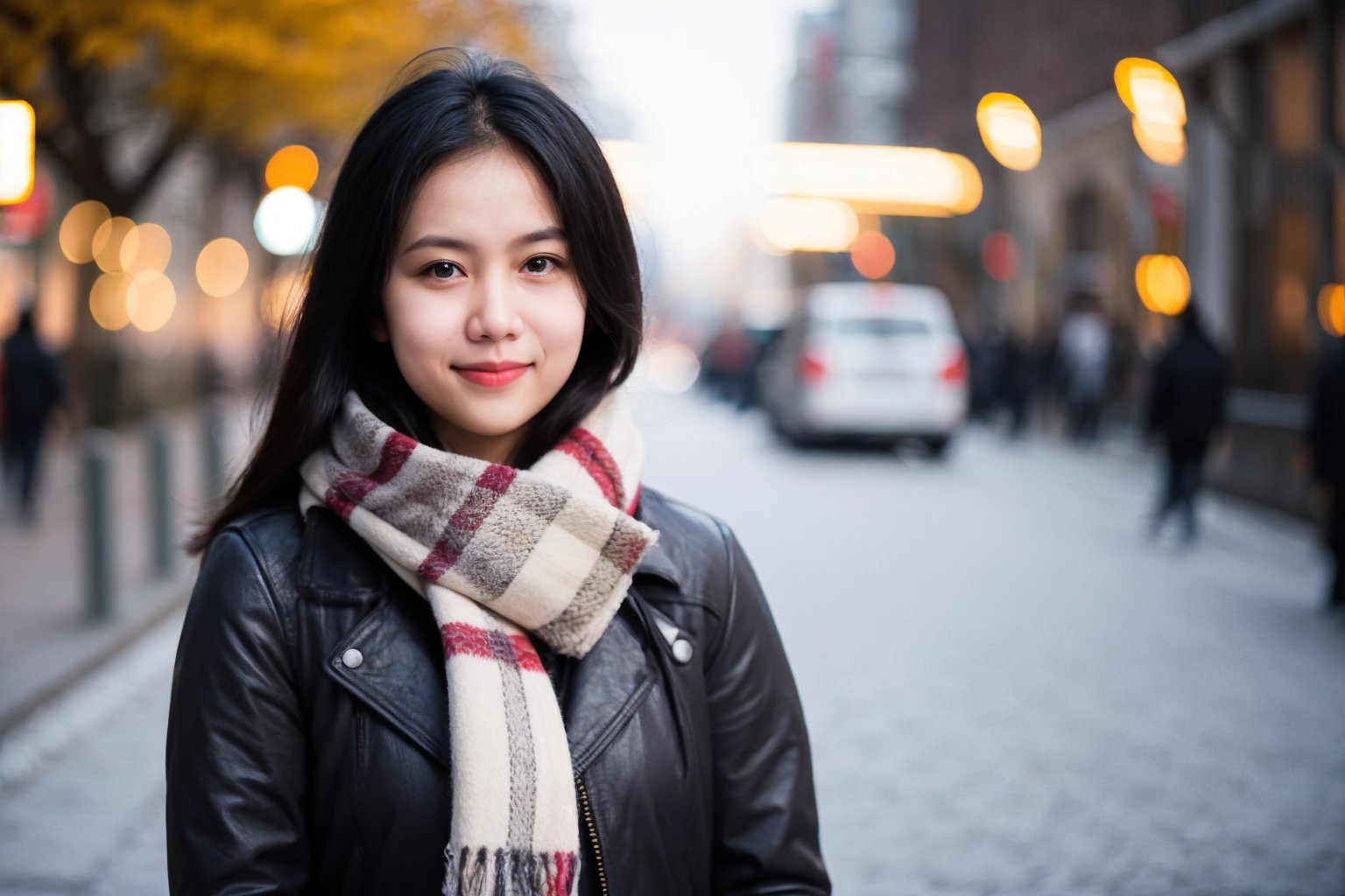 raw photo, real photo, upper body, jacket, scarf, bokeh, romantic mood, outdoor, light smile