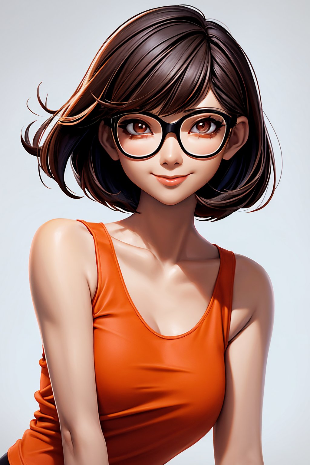 asian woman, bob haircut, brown hair, red glasses, light smile, collarbone, (orange tank top), medium shot, shiny skin, (white background)