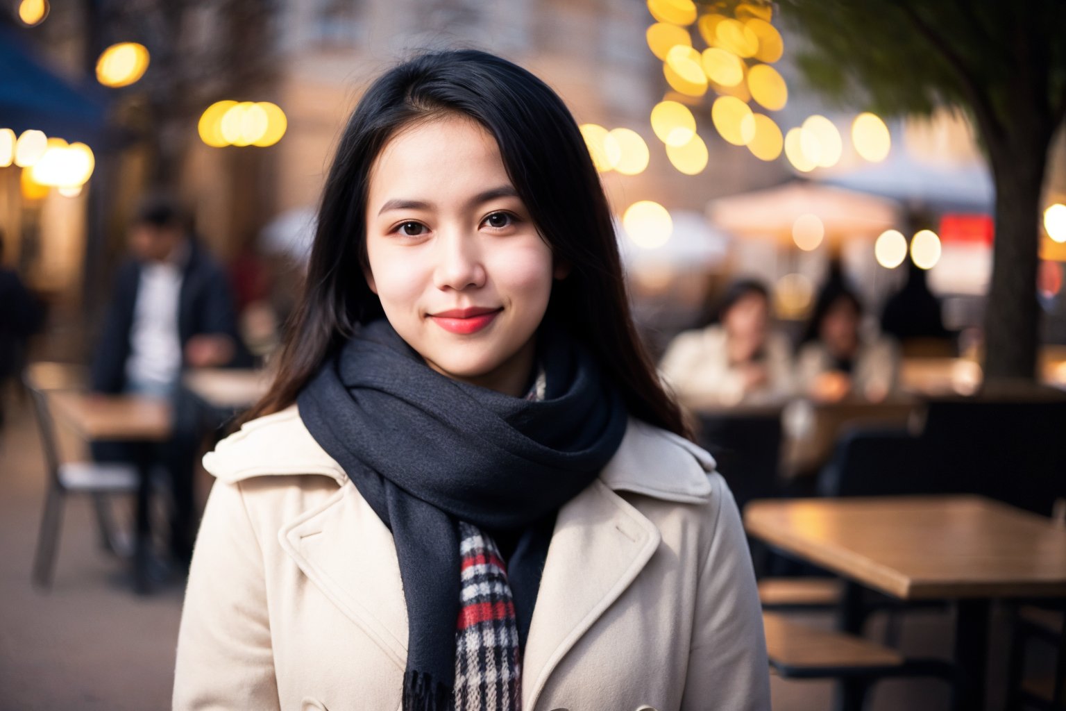 raw photo, real photo, upper body, jacket, scarf, bokeh, romantic cafe, outdoor, light smile