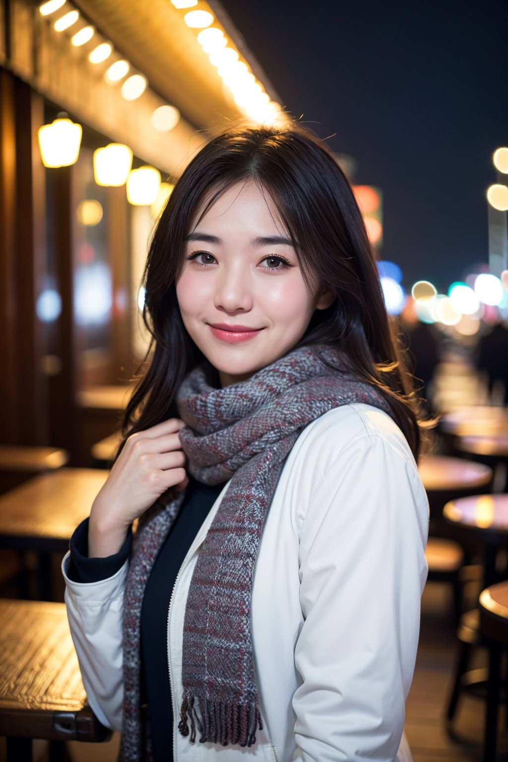 raw photo, real photo, upper body, jacket, scarf, bokeh, romantic restaurant, outdoor, light smile