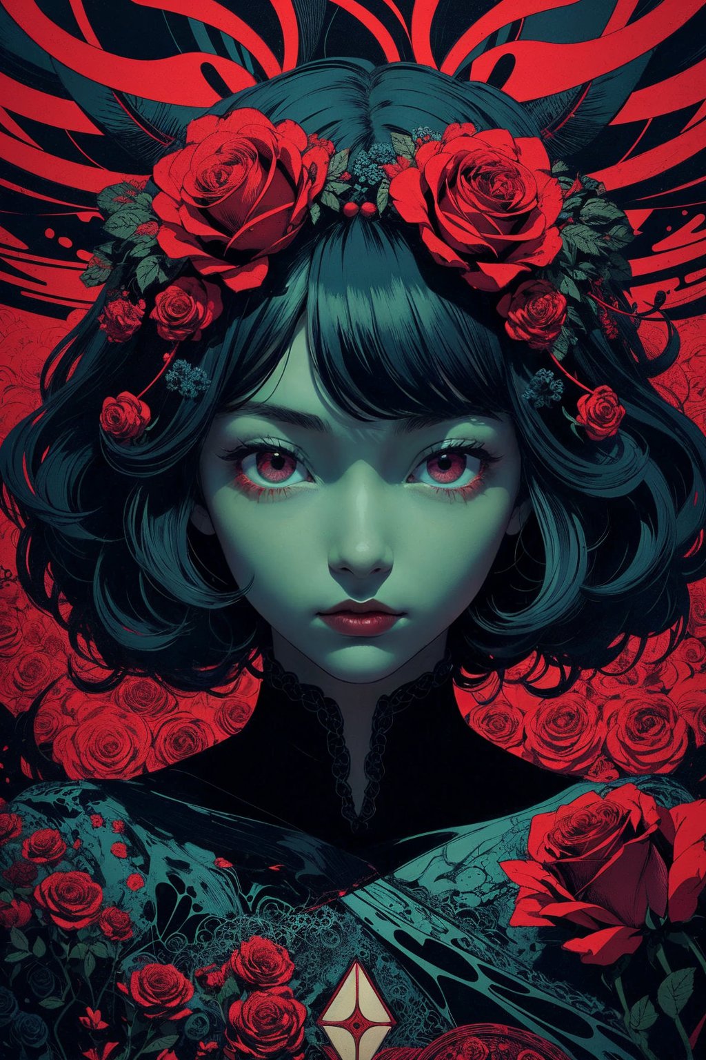 (abstract art:1.2), fractal art, psychedelic art, (style of Yuko Shimizu:1.1), red theme, dark theme, 1girl, roses, hair ornament, somber expression, dark blue accent, masterpiece, best quality, ultra high res, award-winning art, highly detailed, beautiful, aesthetic
