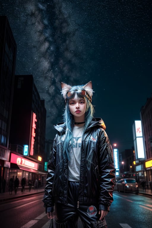 (masterpiece:1.1), (highest quality:1.1), (HDR:1.0), 1girl, solo, cat girl, (detailed face+eyes), dress, building, city, jacket, baggy pants, goggles on head, medium hair, hair intakes, long hair, (forehead), parted hair, floating hair, long_sleeves, looking at viewer, fluffy hair, night, night_sky, outdoors, road, shirt, bluehair, hair down, sky, skyscraper, smirk, star_\(sky\), starry_sky, a cute girl standing on a street, cyberpunk, reflective, metal, (black), 8K, hyper focus, full color, cinematic, animal ear fluff, cat ears, shine, neon lights, underglow, emissive, (serious), (by josan gonzalez), (by Alan Shuptrine:1.3), racing, to scale, close up, (face focus:1.2), detailed face, (cinematic movie:1.2)

