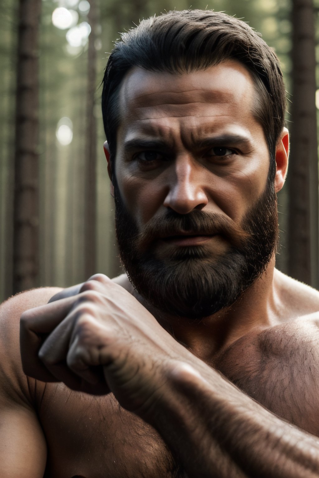 Photorealistic, 40 year old man in costume, facial portrait, long sideburns, heavy beard, showing adamantium claws from fists, in the forest 