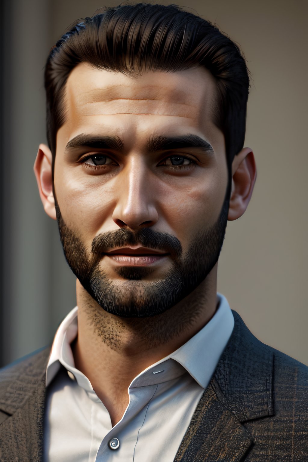 Photorealistic, 30 year old armenian man, facial portrait, long sideburns, black hair , looking at the camera , front view, 