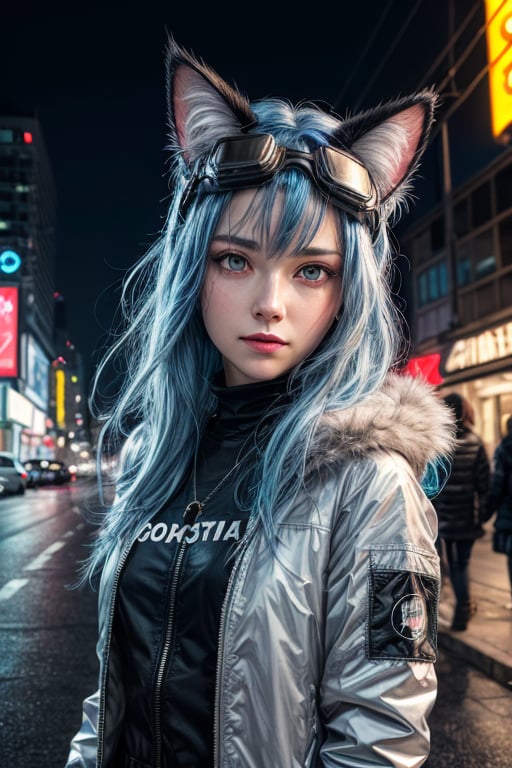 (masterpiece:1.1), (highest quality:1.1), (HDR:1.0), 1girl, solo, cat girl, (detailed face+eyes), dress, building, city, jacket, baggy pants, goggles on head, medium hair, hair intakes, long hair, (forehead), parted hair, floating hair, long_sleeves, looking at viewer, fluffy hair, night, night_sky, outdoors, road, shirt, bluehair, hair down, sky, skyscraper, smirk, star_\(sky\), starry_sky, a cute girl standing on a street, cyberpunk, reflective, metal, (black), 8K, hyper focus, full color, cinematic, animal ear fluff, cat ears, shine, neon lights, underglow, emissive, (serious), (by josan gonzalez), (by Alan Shuptrine:1.3), racing, to scale, close up, (face focus:1.2), detailed face, (cinematic movie:1.2)

