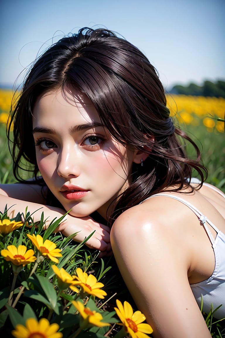woman laying down in a field of flowers, green bright eyes, dark curly hair, detailed face, symmetric, intricate, ultra realistic, elegant, cinematic, highly detailed, sharp focus, depth of field, f/1.8, 85mm, medium shot, mid shot, (centered image composition), (professionally color graded), ((bright soft diffused light)), volumetric fog, trending on instagram