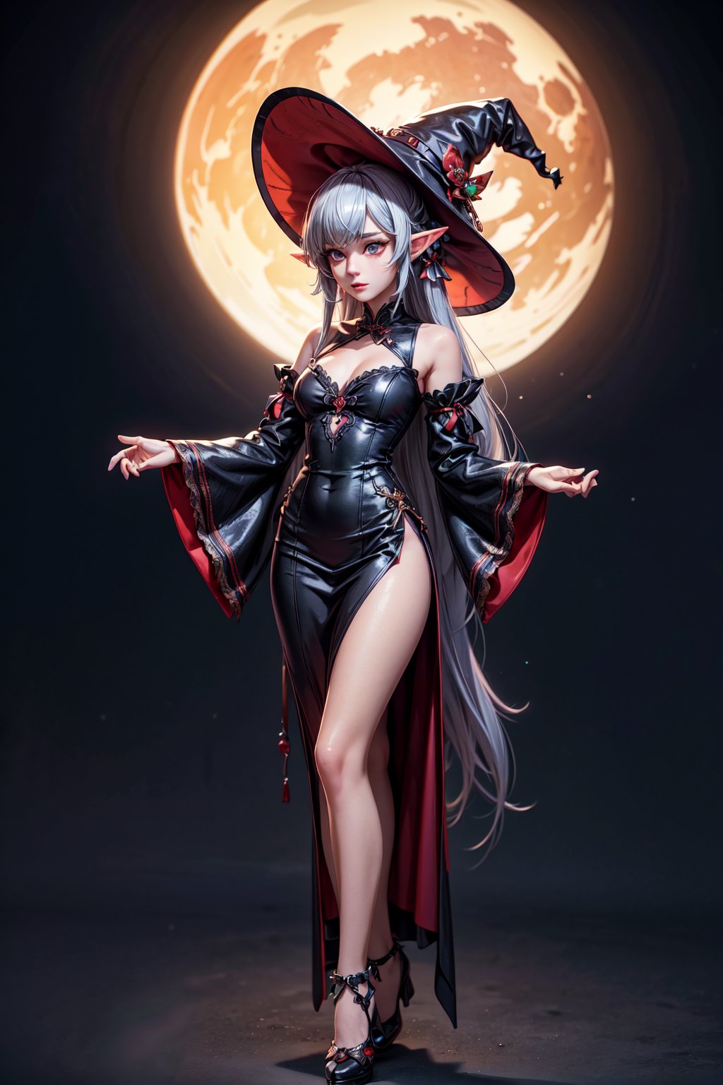 professional full body shot photo of rinna mayfield, witch hat, china dress, side slit, detached sleeves, frilled sleeves, scrunchie, elf ears, detailed skin, detailed eyes, finely detailed hair, volumetric light, highrez, masterpiece, best quality, 
