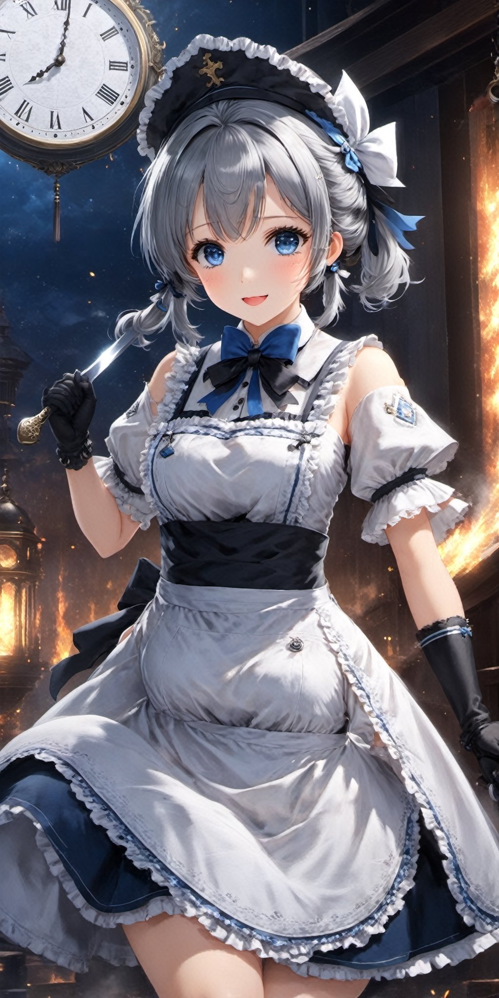 (8k, masterpiece, best quality, high resolution), fantasy, cute face, kawaii, cute, very big eyes, Aesthetic Anime Eyes, small face, 1girl, solo,  izayoi sakuya, blue eyes, maid headdress, braid, grey hair, maid, twin braids, short hair, wrist cuffs, bow, hair bow, short sleeves, ribbon, apron, holding knife,  clock, serious, (light particles),motion lines ,dynamic angle, battle, wind, fighting, (cowboy shot), looking at viewer,



