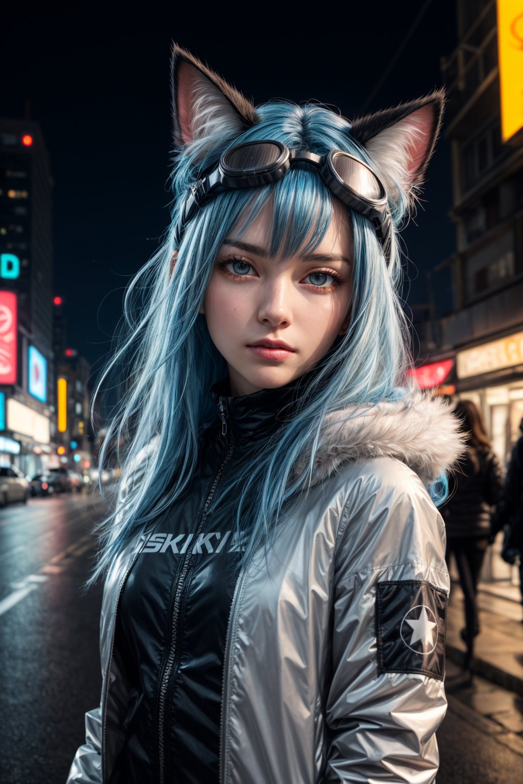 (masterpiece:1.1), (highest quality:1.1), (HDR:1.0), 1girl, solo, cat girl, (detailed face+eyes), dress, building, city, jacket, baggy pants, goggles on head, medium hair, hair intakes, long hair, (forehead), parted hair, floating hair, long_sleeves, looking at viewer, fluffy hair, night, night_sky, outdoors, road, shirt, bluehair, hair down, sky, skyscraper, smirk, star_\(sky\), starry_sky, a cute girl standing on a street, cyberpunk, reflective, metal, (black), 8K, hyper focus, full color, cinematic, animal ear fluff, cat ears, shine, neon lights, underglow, emissive, (serious), (by josan gonzalez), (by Alan Shuptrine:1.3), racing, to scale, close up, (face focus:1.2), detailed face, (cinematic movie:1.2)

