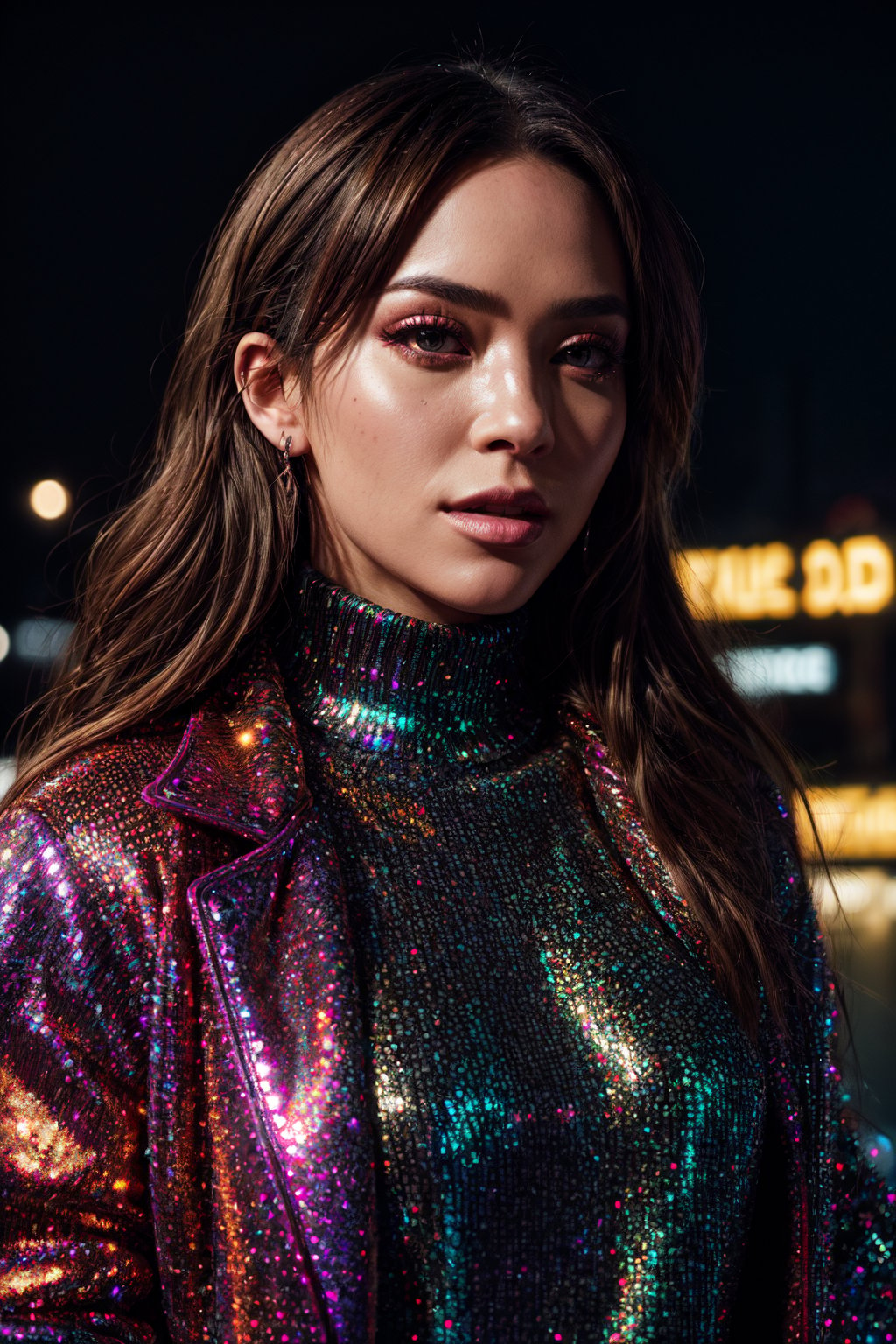 Portrait, cool looking female rapper, at a neon light show at night, half body(EP_SydneeGoodman:0.99), closeup, wearing turtleneck glitter sweater, infinite reflections, intricate detail, dim lighting, detailed background, starlight, streetlights, detailed clothes, skinny, shiny glossy skin, subsurface scattering, glitter, Nikon D850 film stock photograph Kodak Portra 400 camera f1.6 lens, rich colors, lifelike texture, dramatic lighting, unreal engine, trending on ArtStation, cinestill 800 tungsten, fucking discoball