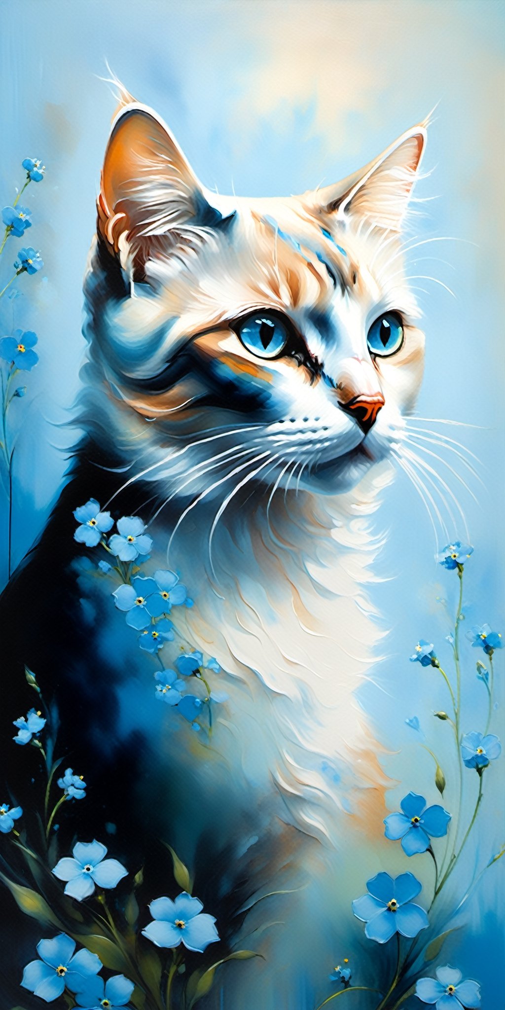 beautiful painting of a cat and a forget-me-not flower, in styles of Samantha Keely Smith and Ryan Hewett, creatures, digital, dream-like, ethereal, fantasy, magic-realism, mysterious, surreal, Expressionism, contemporary, Dream-like, Loneliness

