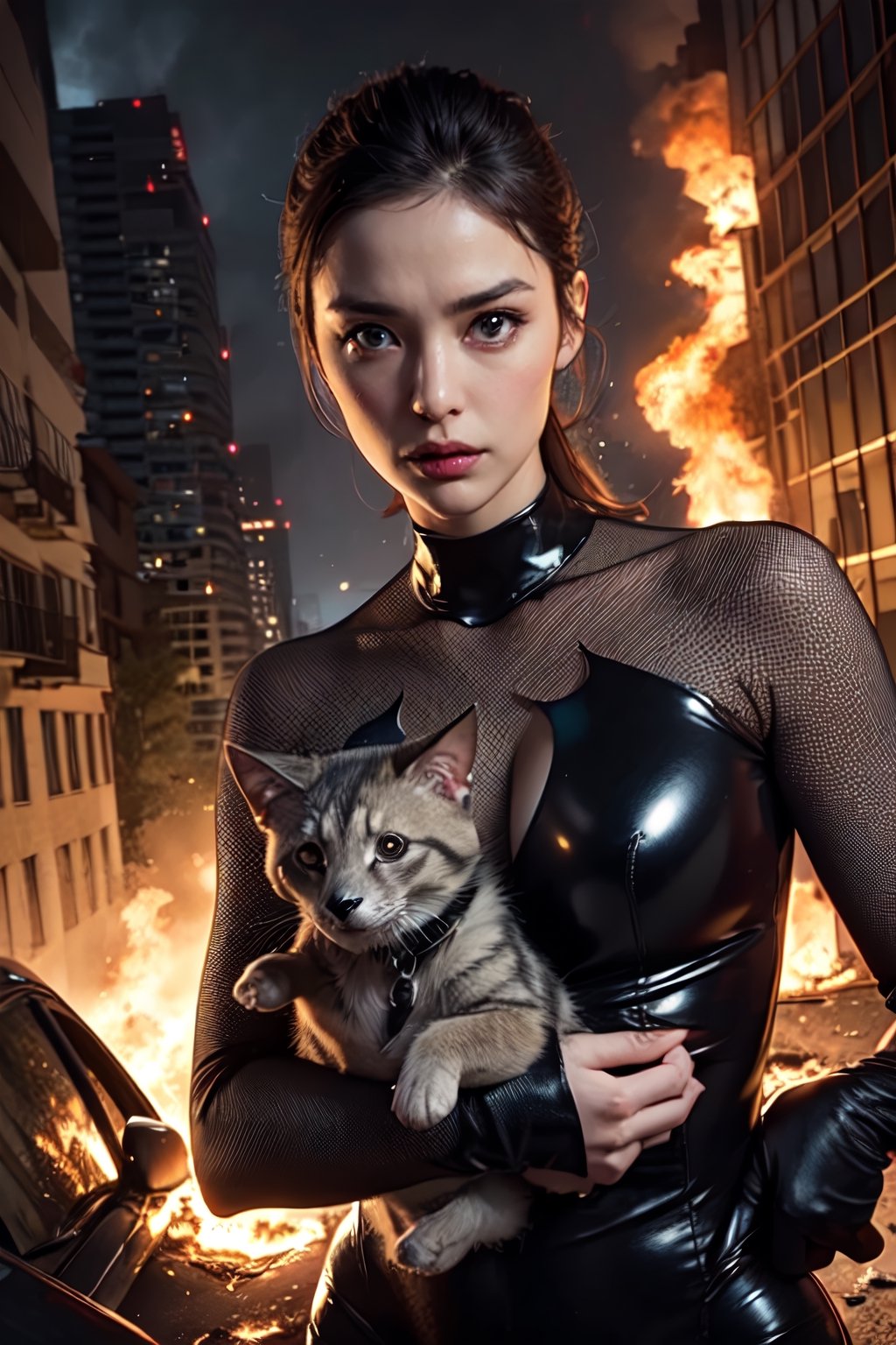 portrait photo of Catwoman holding a dirty scared puppy in hands with burning building background at night, BREAK ((\(catwoman\), heroic pose, dynamic pose, extreme detailed), (holding) (small puppy, dirty, scared expression, extreme detailed)), BREAK (nighttime, burning building background, dynamic background, extreme detailed), BREAK (professional portrait photo, epic cinematic shot, dynamic composition, beautiful natural soft light, dynamic lighting), BREAK (professional unique masterpiece, highly professionally detailed, hdr, intricate details, realistic proportions, highly detailed textures, professional composition, beautiful coherent professional, detailed reflections, highly detailed atmosphere, raytracing, natural color scheme)
