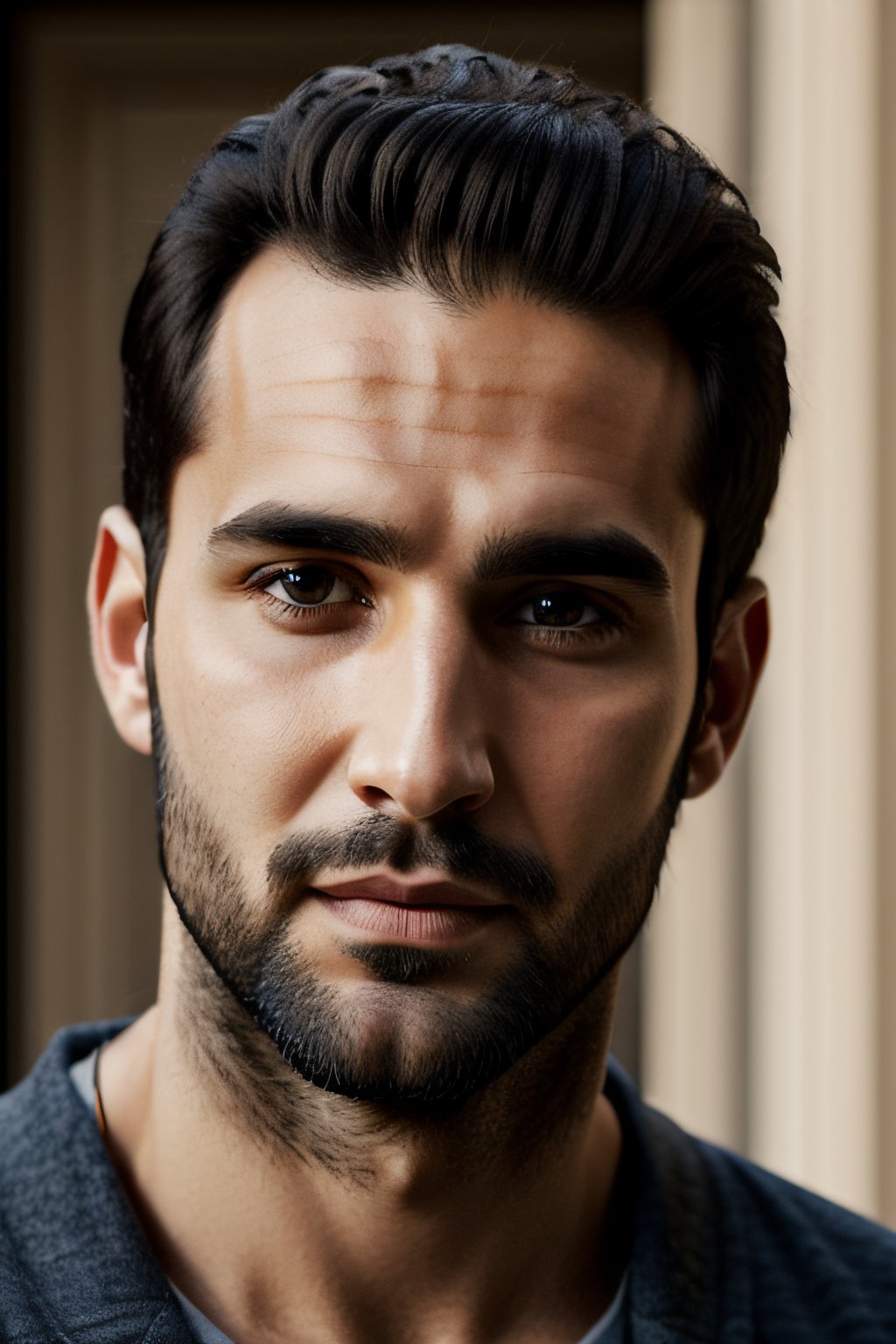 Photorealistic, 30 year old armenian man, facial portrait, long sideburns, black hair , looking at the camera , front view, 