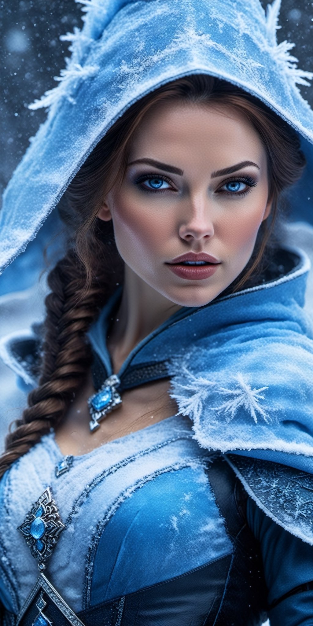 A close up portrait of a beautiful deadly blue ice female mage casting a spell, slim body, dark theme, soothing tones, muted colors, high contrast, (natural skin texture, hyperrealism, soft light, sharp), (freckles:0.6), (acne:0.4), wearing an ultra detailed texture blue mage cloth, Fimbulvetr, snowstorm, freezing, icicle, cold, windy, Canon EOS 5D Mark III, 85mm




