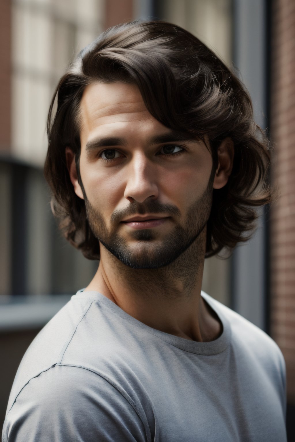 Photorealistic, 30 year old man, facial portrait, long sideburns, dark hair , looking at a camera
