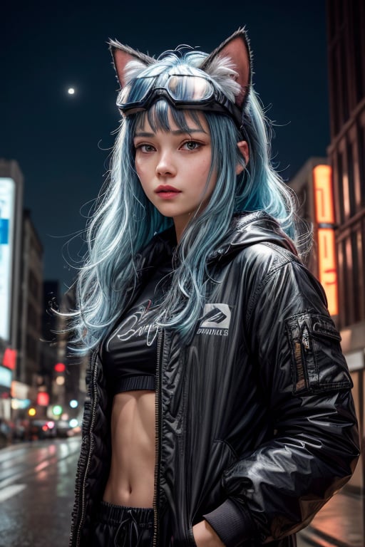 (masterpiece:1.1), (highest quality:1.1), (HDR:1.0), 1girl, solo, cat girl, (detailed face+eyes), dress, building, city, jacket, baggy pants, goggles on head, medium hair, hair intakes, long hair, (forehead), parted hair, floating hair, long_sleeves, looking at viewer, fluffy hair, night, night_sky, outdoors, road, shirt, bluehair, hair down, sky, skyscraper, smirk, star_\(sky\), starry_sky, a cute girl standing on a street, cyberpunk, reflective, metal, (black), 8K, hyper focus, full color, cinematic, animal ear fluff, cat ears, shine, neon lights, underglow, emissive, (serious), (by josan gonzalez), (by Alan Shuptrine:1.3), racing, to scale, close up, (face focus:1.2), detailed face, (cinematic movie:1.2)

