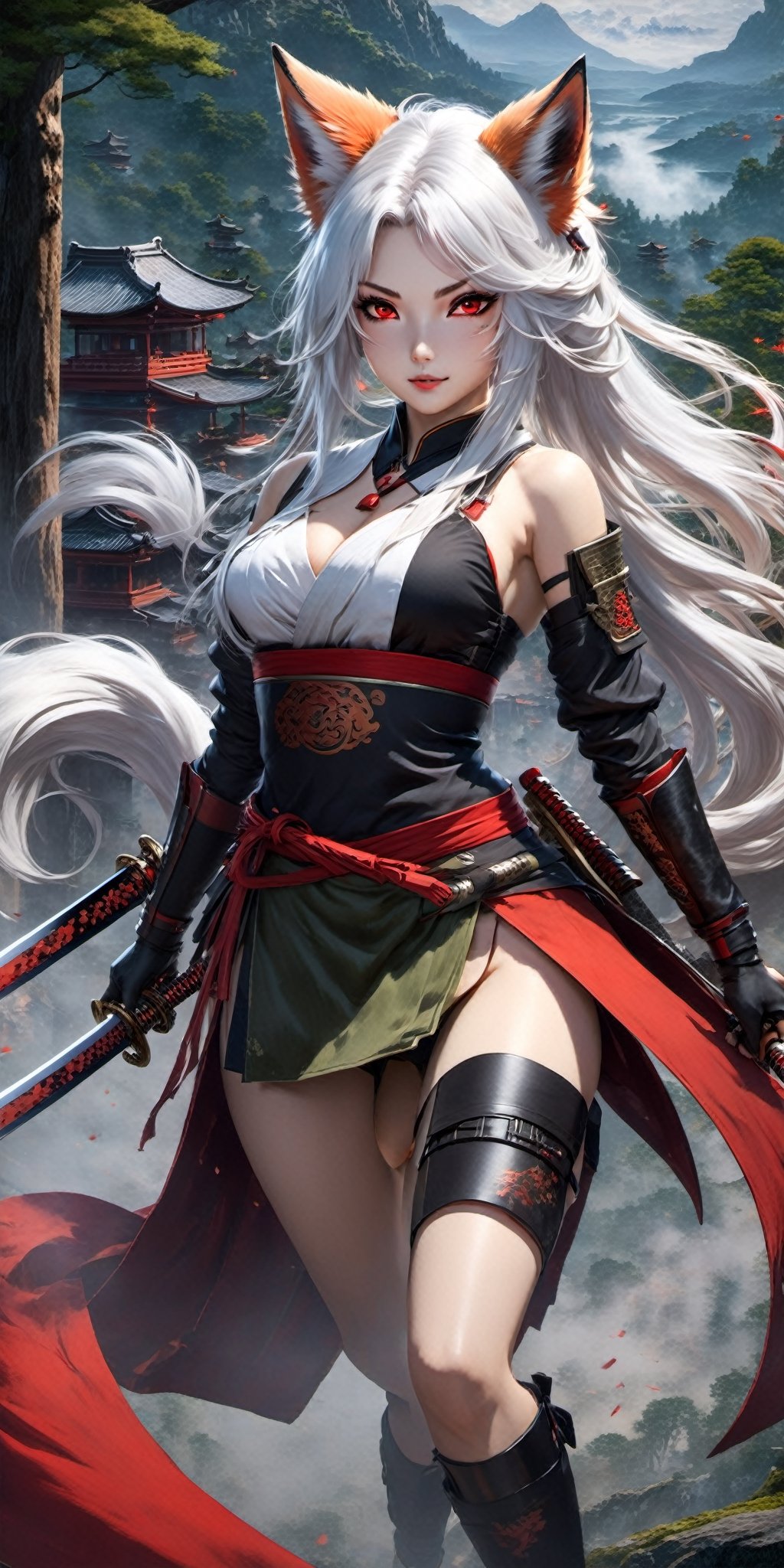 ((solo), (Anime kitsune girl with long white hair gathered in a ponytail), (Fox girl holding a katana), 9 tails, (red eyes), White-haired deity, Remove clothes from body, Show breasts, Show boobs, Her genitals, Legs spread wide apart, Female genitalia, pubic area close up, (Detailed image between legs), Crotch wide open, legs spread wide open, High quality, ((Highest detail)), ((Forest village in background)), ( masterpiece), Photorealism, 8K, High detail, Dramatic lighting, 1 girl, Mid-jump, flying from above, Bottom view, katana in hand, Stern look, Motion dynamics, Jumping ponytails and hair.

