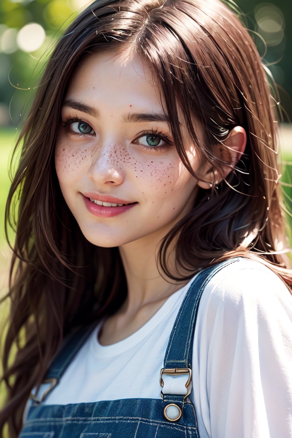cinematic composition, professional photo of AnneRunwaygirl, 1girl, solo, looking at viewer, smile, brown hair, shirt, green eyes, freckles, overalls detailed skin, detailed eyes, finely detailed hair, volumetric light, highrez, masterpiece, best quality, 