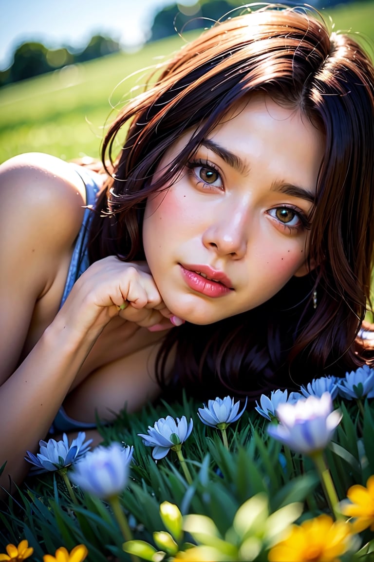 woman laying down in a field of flowers, green bright eyes, dark curly hair, detailed face, symmetric, intricate, ultra realistic, elegant, cinematic, highly detailed, sharp focus, depth of field, f/1.8, 85mm, medium shot, mid shot, (centered image composition), (professionally color graded), ((bright soft diffused light)), volumetric fog, trending on instagram