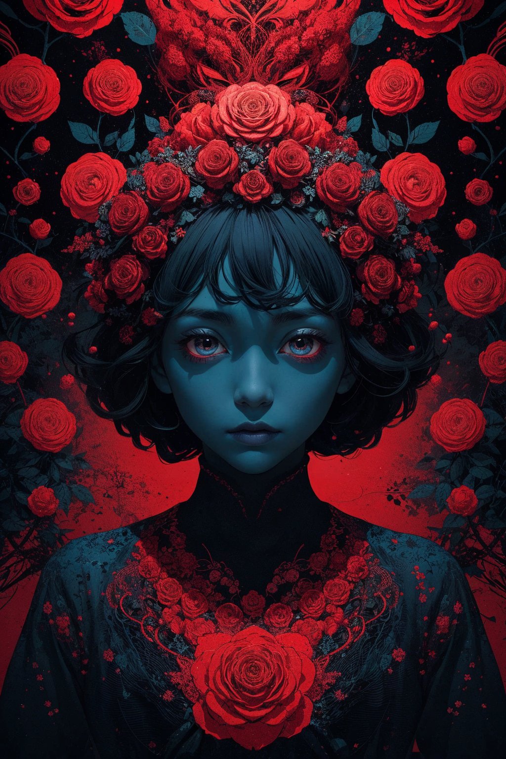 (abstract art:1.2), fractal art, psychedelic art, (style of Yuko Shimizu:1.1), red theme, dark theme, 1girl, roses, hair ornament, somber expression, dark blue accent, masterpiece, best quality, ultra high res, award-winning art, highly detailed, beautiful, aesthetic
