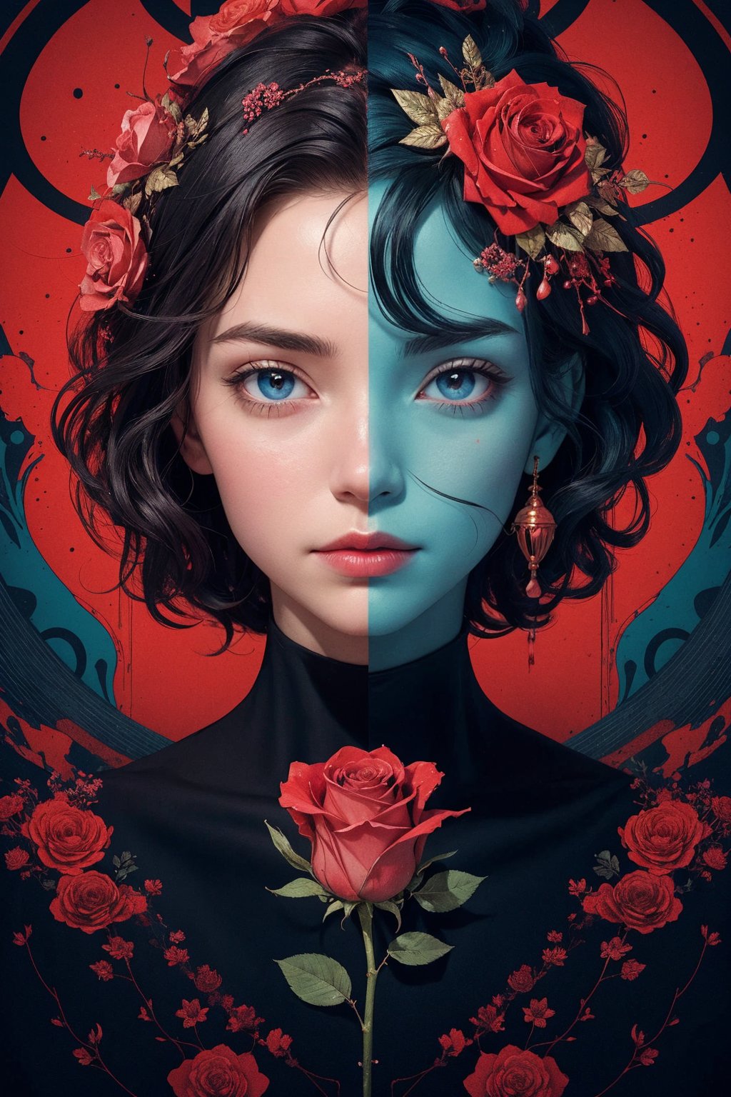 (abstract art:1.2), portrait of the woman called Goddess Time with a clock for a head played by Sam Elliott, fractal art, psychedelic art, (style of Yuko Shimizu:1.1), red theme, dark theme, 1girl, roses, hair ornament, somber expression, dark blue accent, masterpiece, best quality, ultra high res, award-winning art, highly detailed, beautiful, aesthetic 
