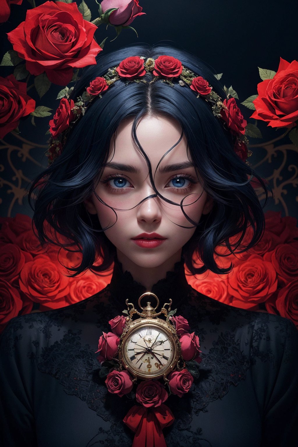 (abstract art:1.2), portrait of the woman called Goddess Time with a clock for a head played by Sam Elliott, fractal art, psychedelic art, red theme, dark theme, 1girl, roses, hair ornament, somber expression, dark blue accent, masterpiece, best quality, ultra high res, award-winning art, highly detailed, beautiful, aesthetic 
