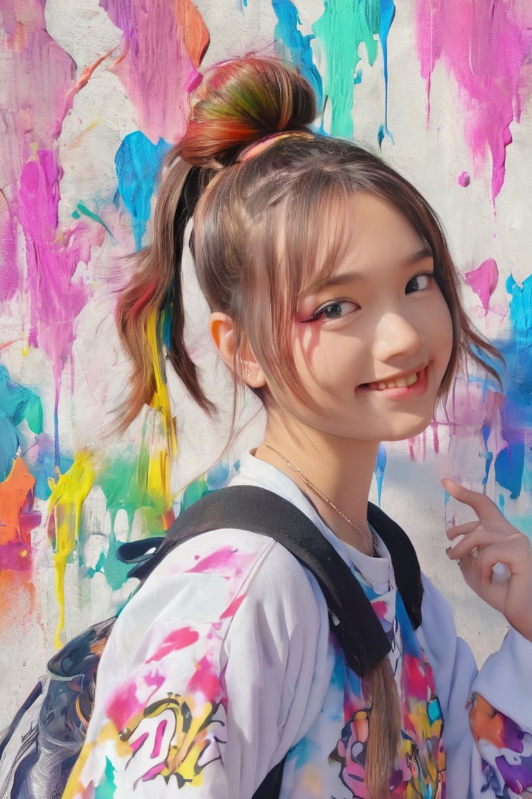 Anime girl with bun hairs, wall paint in background, ultra high details, colourful, watching viewer with smile, smiling eyes,teengirlmix