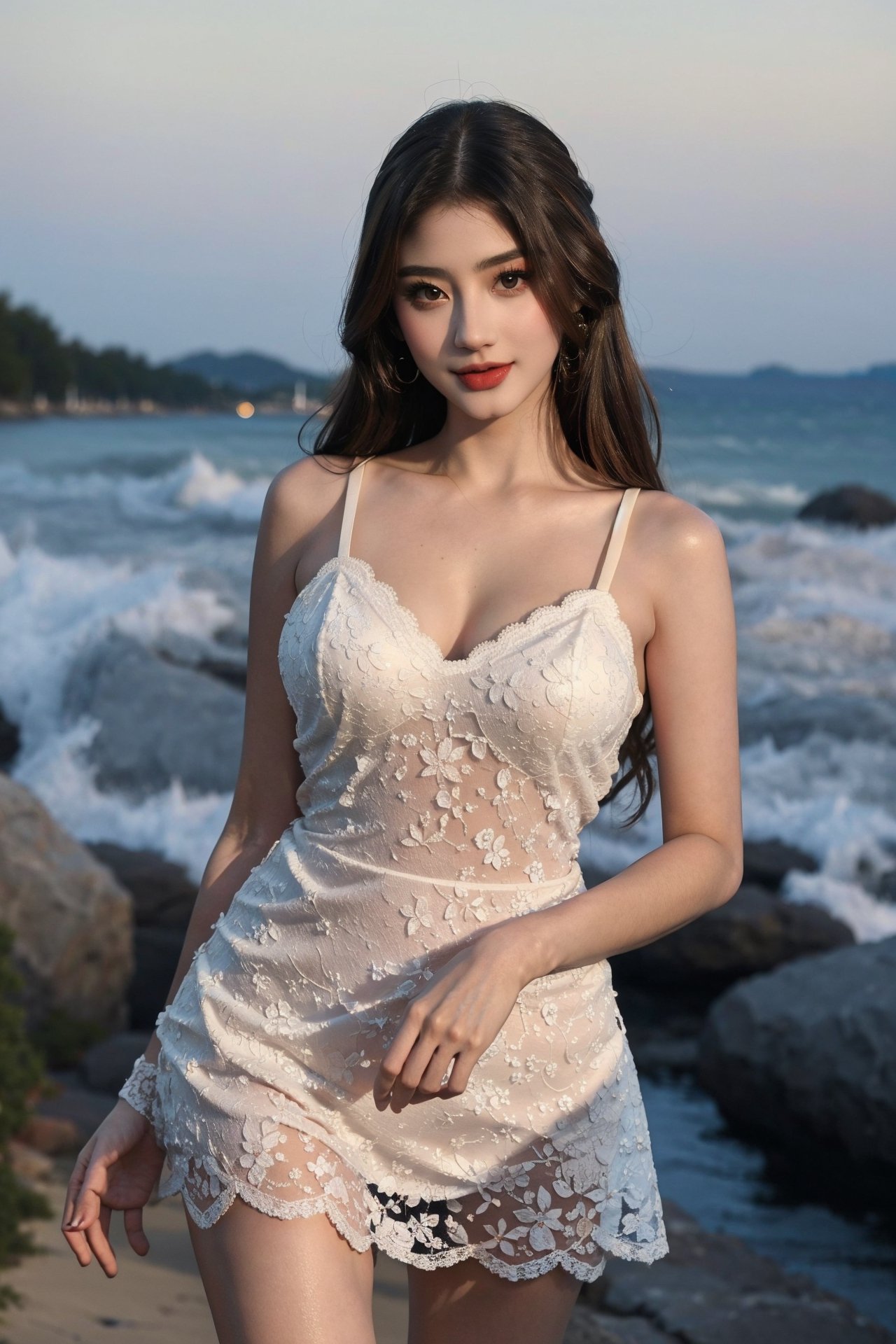 (best quality,  masterpiece:1.2), ultra detailed, solo, sexy lady, summer lace dress, night beach, blurry_light_background,  nippes show, yuzuha_0112,yuzuha_0112,gheayoubi