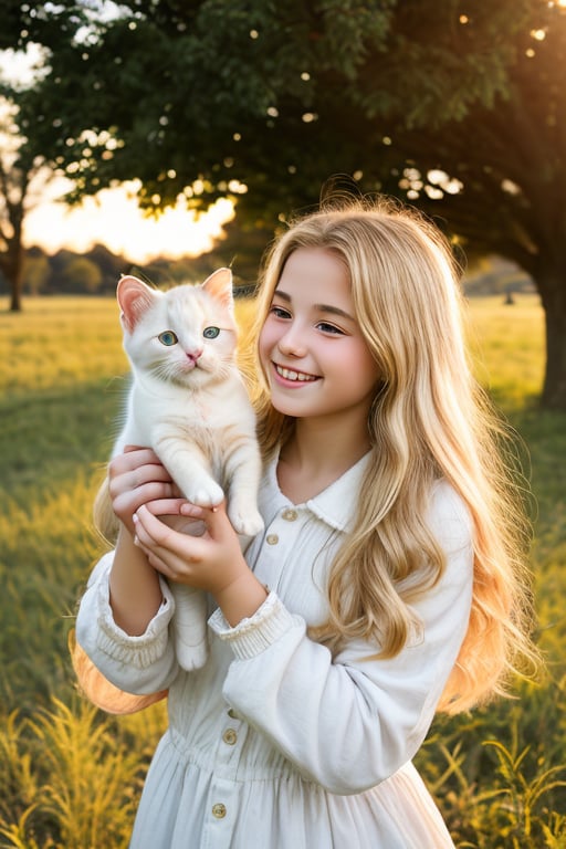  16yo girl holding her small cutie white kitty in one hand. they play happily on the fields, hands, beautiful face, rough blonde hair, broken, sunset, detailed photo, beautiful trees, lifelike lights. DSLR, ((baby cat)), smiling cat