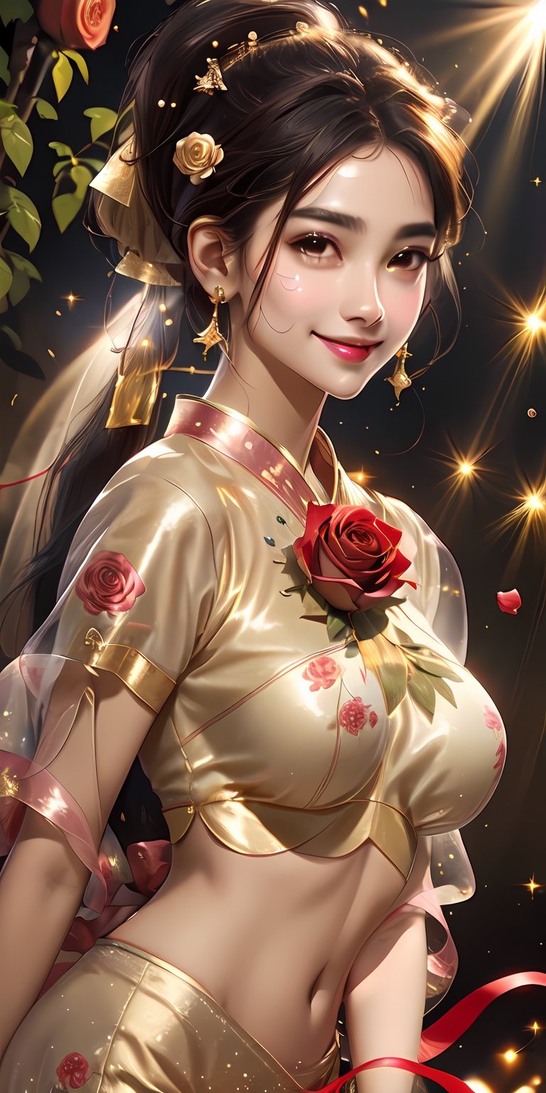  half body,close_up of face,low angle, looking up,beautiful smile, (sparkling and glittering gold tears), sensual expression, floating in clouds, long pony tail hair,((surrounded by roses)), dream-like,medium (olive skin), (perfect face: 1.3), (face details: 1.3), chiseled jawline, beautiful glistening eyes, floral background, rippling ribbons in background to give heavenly feeling, (ribbons in background), golden flowers, gold sunrays from above giving a heavenly feeling, detailed background, masterpiece, 8k.,Indian,large_breasts, perfect size of breasts, brown eyes,sexy body, perfect medium size body structure ,mikana_yamamoto,tanhjm