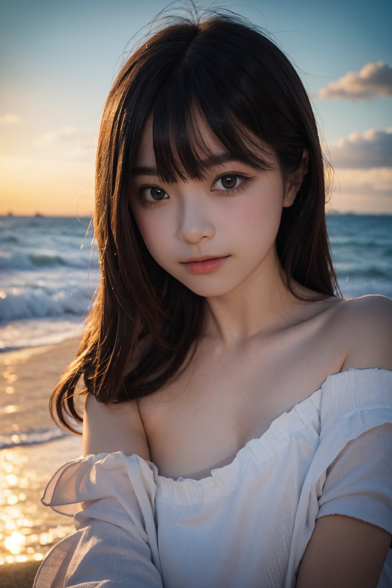 1Beautiful girl, extremely detailed CG unified 8k wallpaper, highly detailed, High-definition raw color photos, professional photograpy, Realistic portrait, teenager, brunette, long hair, off shoulder, Outdoors, coast, ocean, palm trees, beautiful sunset,53yfp