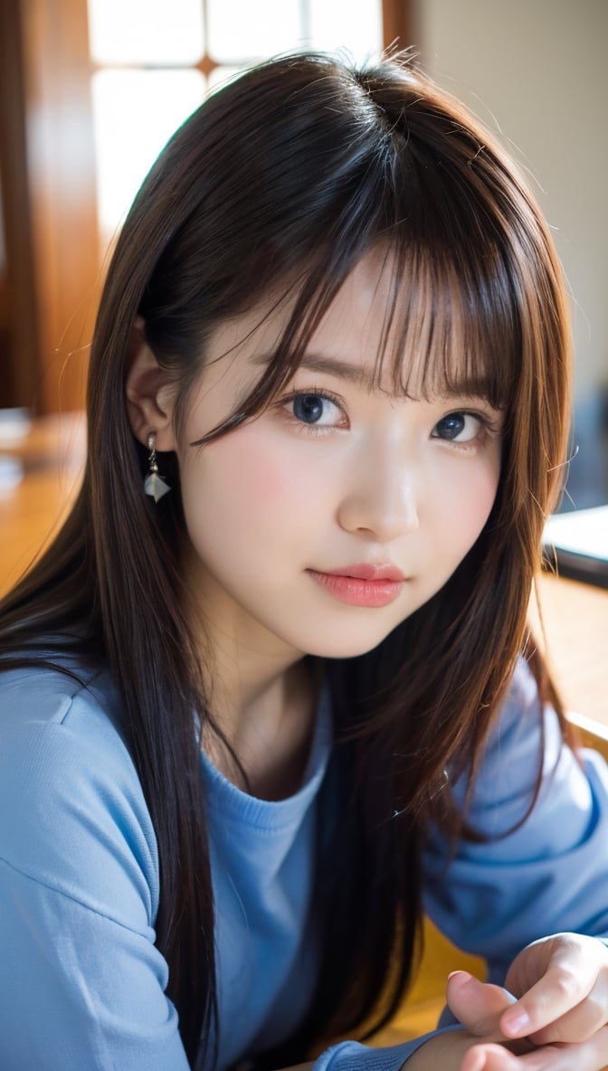 (8k, raw photo, highest quality, master piece: 1.2), (realistic, photorealistic: 1.37), One Girl, Only 19, cute, adorable, (blue eyes), (shy smile: 0.4), (solo), Details Face, oval face, pale almond-shaped eyes, hair over one eye, slender build, medium chest, gray sweatshirt, lying on back, head tilted, fluorescent Lights, sitting in a coffee shop, by the cafe, window, small head, (looking away), teenage girl, earrings, pen,MaryAmber,shirt,momosakura