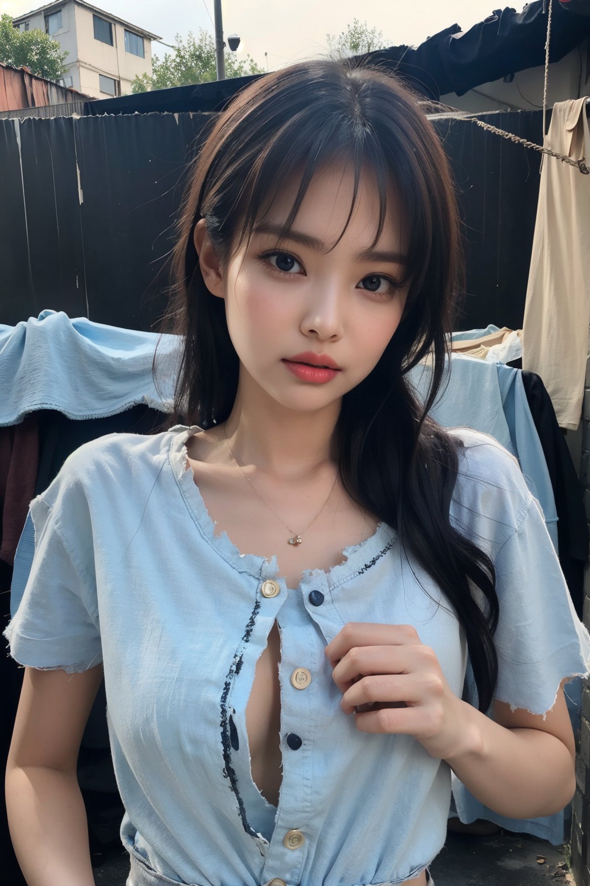  best quality, masterpiece, highres, detailed, perfect anatomy,1girl, poor girl, brown eyes, brown dress, begging, slum, swept bangs, long hair, (torn clothes), Rag Clothing, dirty clothes, brown clothes, 
(at impoverished slum area), outdoors, destitue slum neighborhood, ((torn clothes)), breasts out,jennierubyjenes