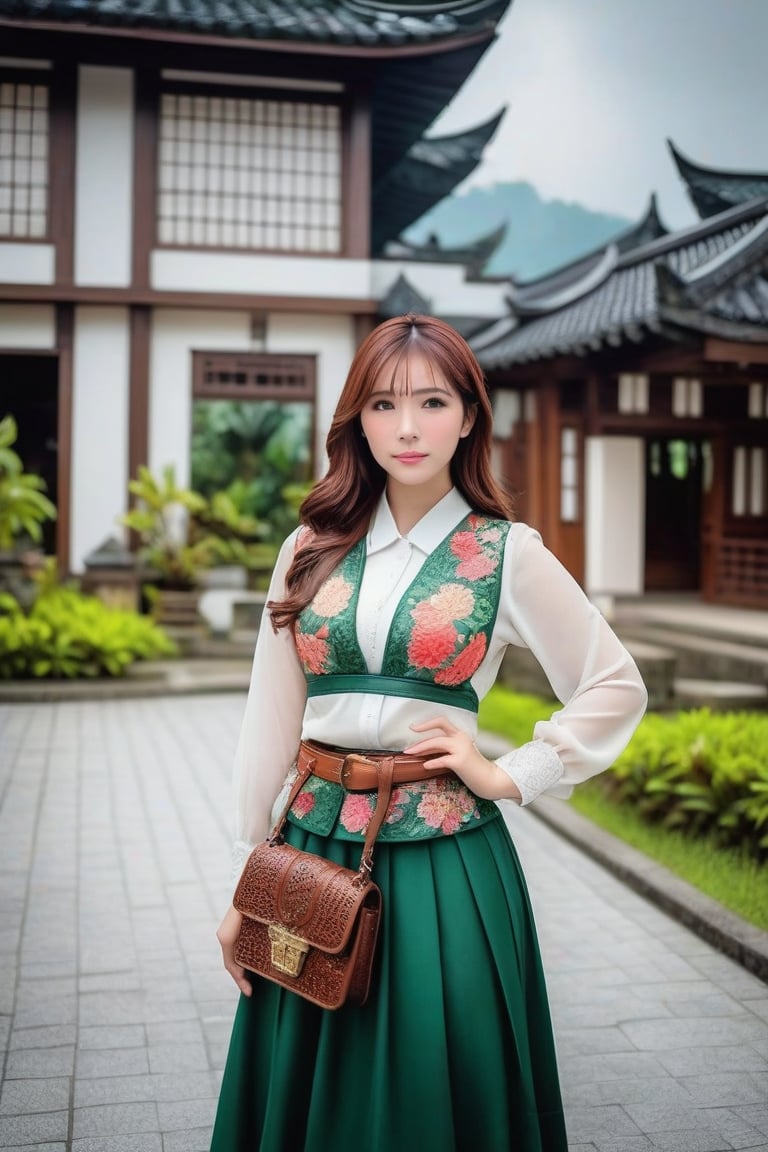 centered view of curvy hips masterpiece toned body medium breast short wavy brown hair big green delicate eyes Javanese bright skin teen lady wearing detailed lace traditional suit and leather jade belt and long wide floral painted brown skirt. hand on hips pose. raining village scenery. fujifilm XT3 HD.,yua_mikami