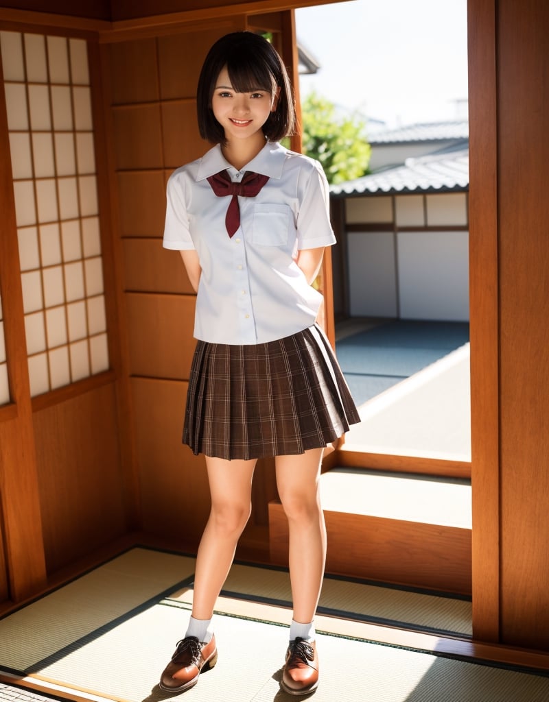 Masterpiece, highest quality, masterpiece, highest quality, official art, realistic photo, soft studio lighting, soft and smooth tone,  japanese school uniform, 8k wallpaper, stunning beauty, cowboy shot, 1girl,  beautiful Japanese girl, white short  sleeve shirt, plaid skirt, brown leather shoes, thin waist and wide pelvis, mischievous smile,