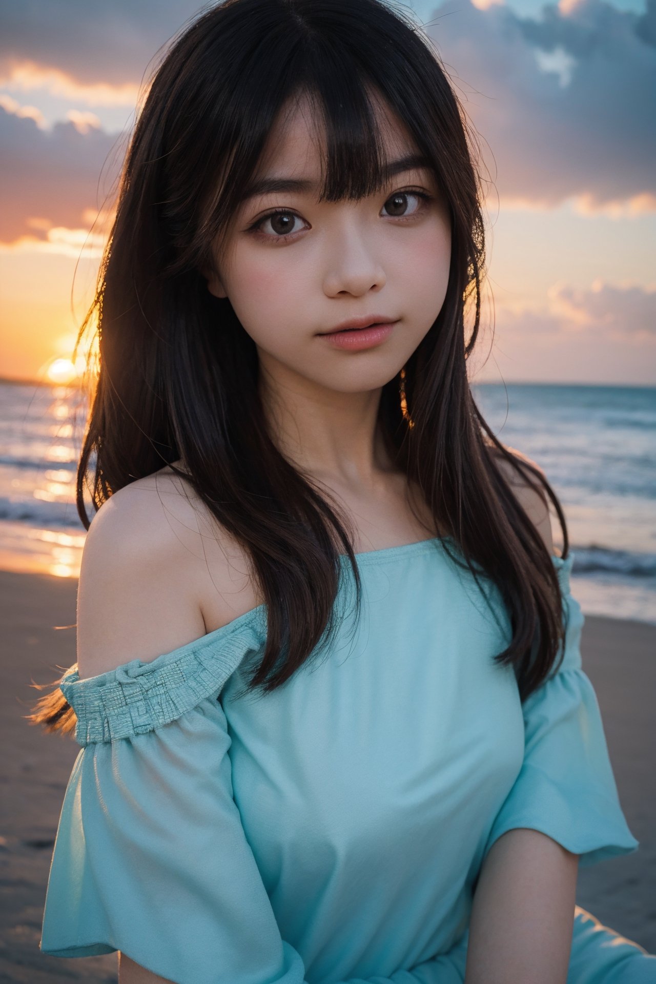 1Beautiful girl, extremely detailed CG unified 8k wallpaper, highly detailed, High-definition raw color photos, professional photograpy, Realistic portrait, teenager, brunette, long hair, off shoulder, Outdoors, coast, ocean, palm trees, beautiful sunset,53yfp