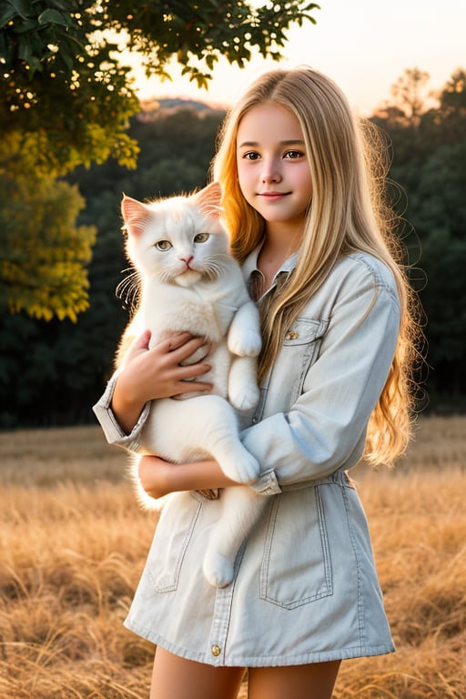  16yo girl holding her small cutie white kitty in one hand. they play happily on the fields, hands, beautiful face, rough blonde hair, broken, sunset, detailed photo, beautiful trees, lifelike lights. DSLR