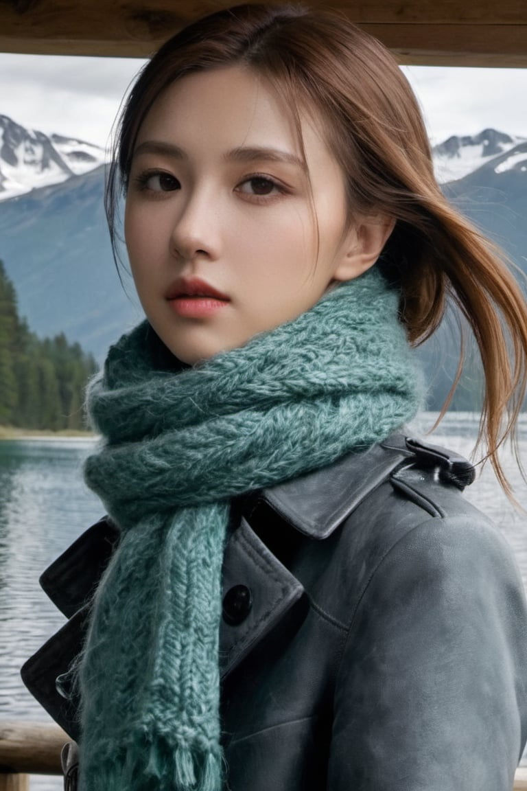 xxmix_girl, detailed eyes, standing on a rustic wooden pier, a woman gazes out over a serene alpine lake. With striking green eyes and a soft knitted scarf draped over her shoulders, the cool mist from the water lightly grazes her face, while distant mountains cast shadows on the water's surface.
,roses_are_rosie