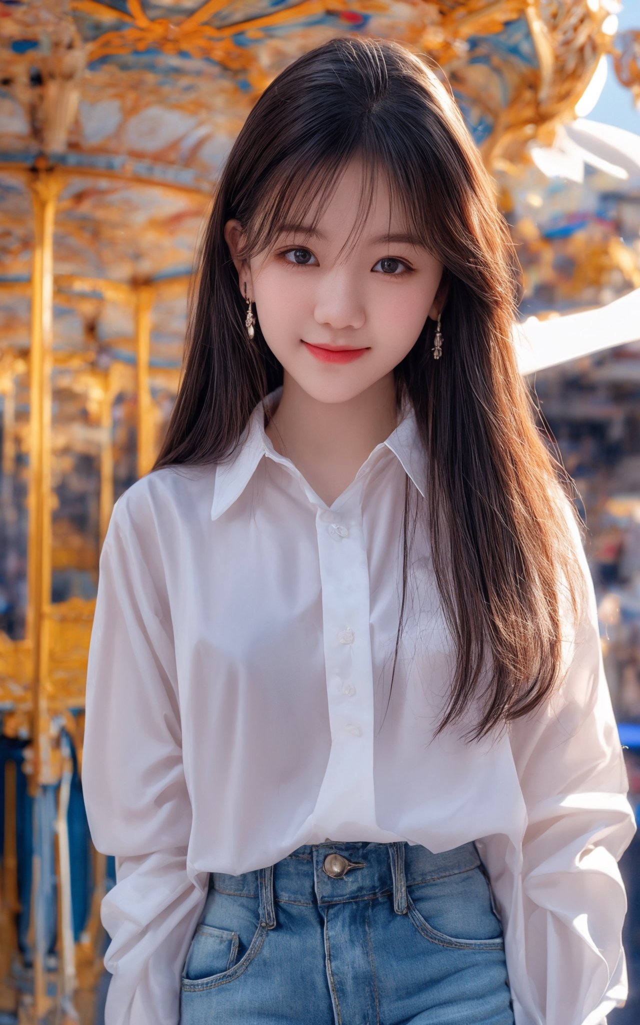 background is amusement park,
18 yo, 1 girl, beautiful korean girl,
wearing white collared long sleeve shirts,short jeans, smile,ride a merry-go-round, solo, {beautiful and detailed eyes}, dark eyes, calm expression, delicate facial features, ((model pose)), Glamor body type, (dark hair:1.2), simple tiny earrings, very_long_hair, hair past hip, bang, straight hair, flim grain, realhands, masterpiece, Best Quality, 16k, photorealistic, ultra-detailed, finely detailed, high resolution, perfect dynamic composition, beautiful detailed eyes, eye smile, ((nervous and embarrassed)), sharp-focus, full_body, cowboy_shot,
nsfw,girlvn