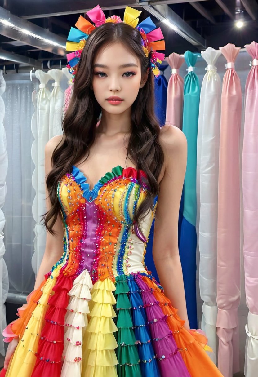 1girl, Stunningly Beautiful Girl, Haute_Couture, designer dress, wearing Haute_Couture, posing for a picture, fashion show, long ringlets, catwalk \(walkway\),  , colorful, vivid colors, masterpiece, best quality, absurdres, highest quality, amazing details, 8k, aesthetic,candyseul, full_body,jennierubyjenes