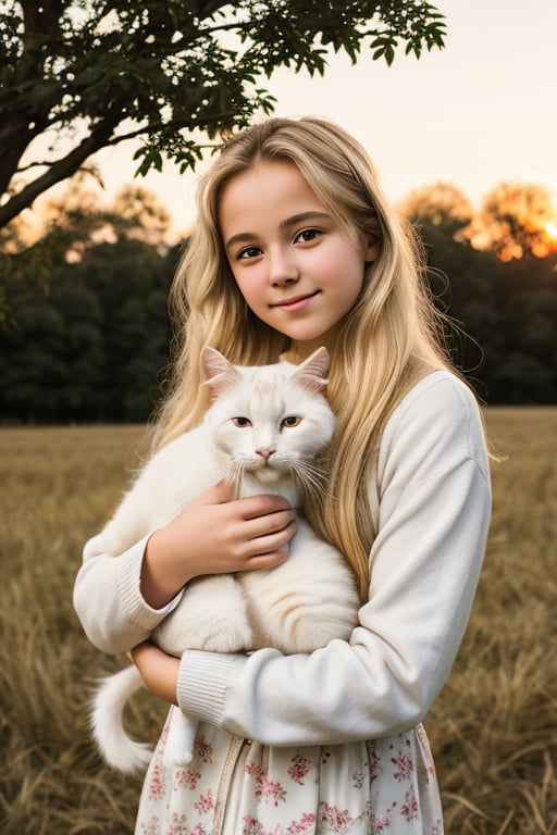  16yo girl holding her small cutie white cat in one hand. they play happily on the fields, hands, beautiful face, rough blonde hair, broken, sunset, detailed photo, beautiful trees, lifelike lights. DSLR