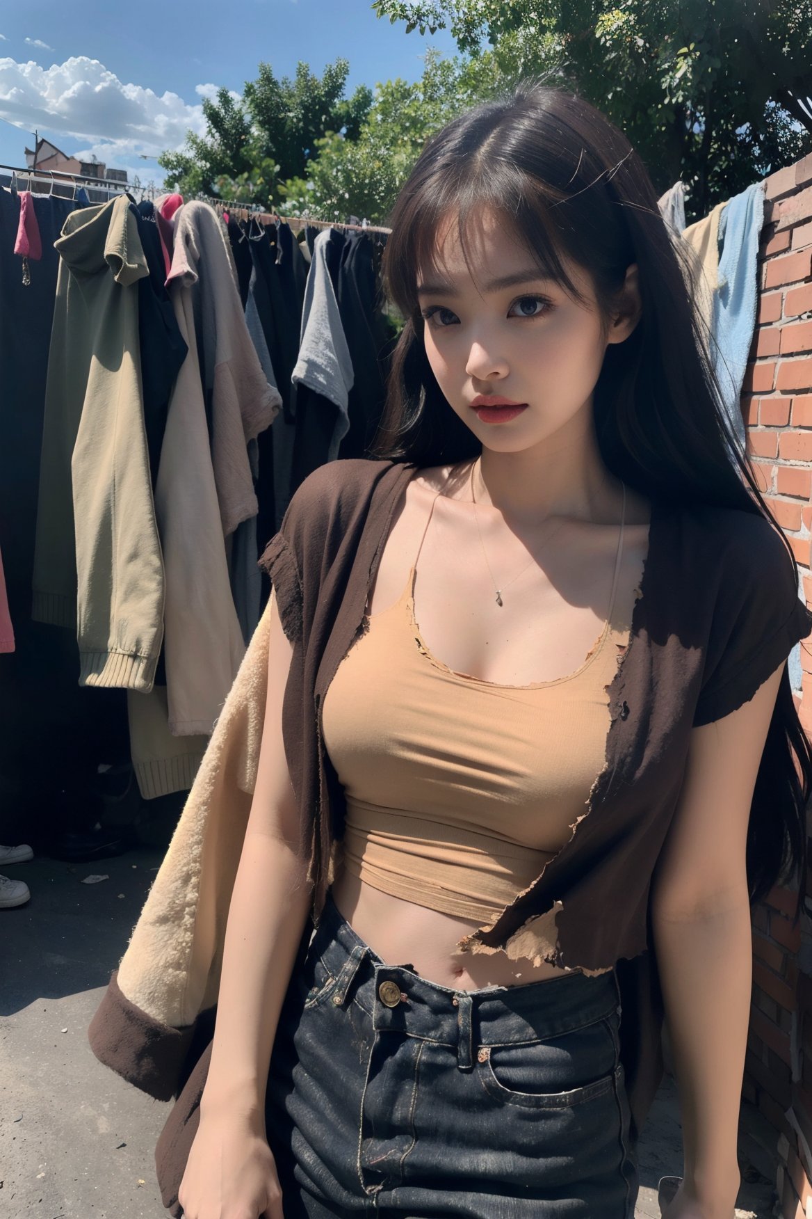  best quality, masterpiece, highres, detailed, perfect anatomy,1girl, poor girl, brown eyes, brown dress, begging, slum, swept bangs, long hair, (torn clothes), Rag Clothing, dirty clothes, brown clothes, 
(at impoverished slum area), outdoors, destitue slum neighborhood, ((torn clothes)), breasts out,jennierubyjenes