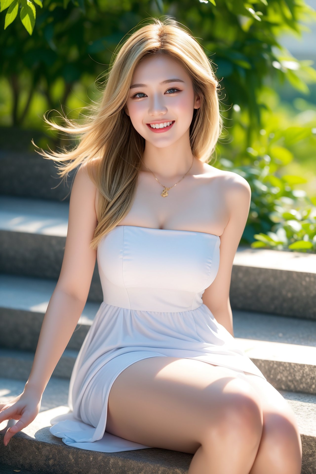 A young alluring girl, with a bright sun shining behind her. A stunning high-definition image of a beautiful young woman with blonde shoulder-length hair, dressed in casual summer clothes. She is seated on a set of stairs, her smile radiating joy and contentment. The sun casts a warm, golden glow on her skin, and its rays dance through the summer foliage above. The atmosphere is filled with the vibrancy and warmth of a perfect summer day, with a sense of peace and happiness enveloping the scene.,girlvn