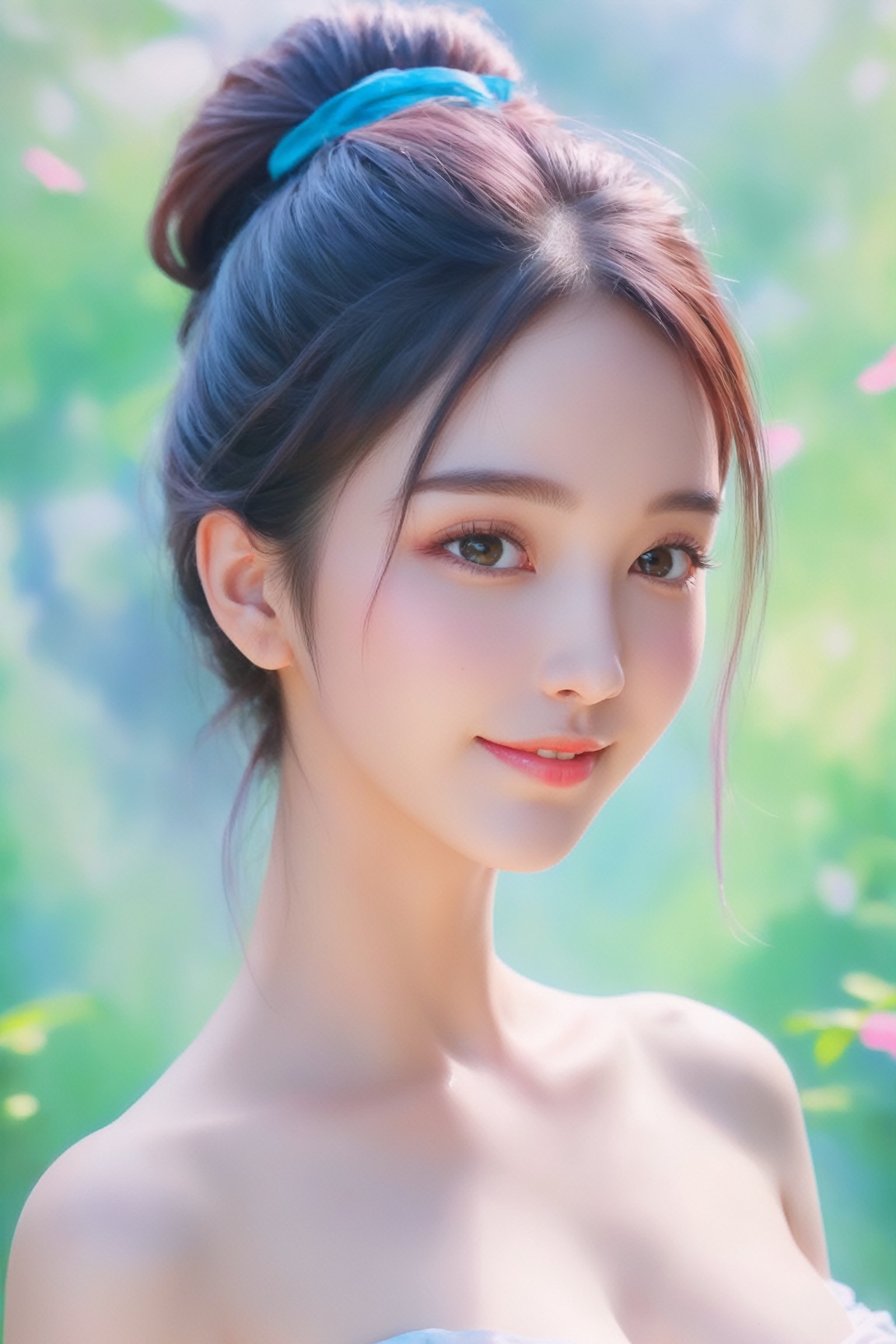 (8k, best quality, masterpiece:1.2), best quality, ultra highres, a chest up watercolor painting of a beautiful student model, looking at viewer, shoulder, dark chignon, kind smile, greasy lips, hair ribbons, white strapless tops, colorful tone, (black+blue+pink+green color:1.2), extremely luminous bright design, pastel colors, (ink:1.3), early spring lights, wet on wet, paper texture, on papar,cutegirlmix, perfect breasts, see_through