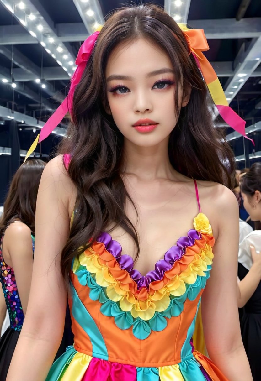 1girl, Stunningly Beautiful Girl, Haute_Couture, designer dress, wearing Haute_Couture, posing for a picture, fashion show, long ringlets, catwalk \(walkway\),  , colorful, vivid colors, masterpiece, best quality, absurdres, highest quality, amazing details, 8k, aesthetic,candyseul, full_body,jennierubyjenes