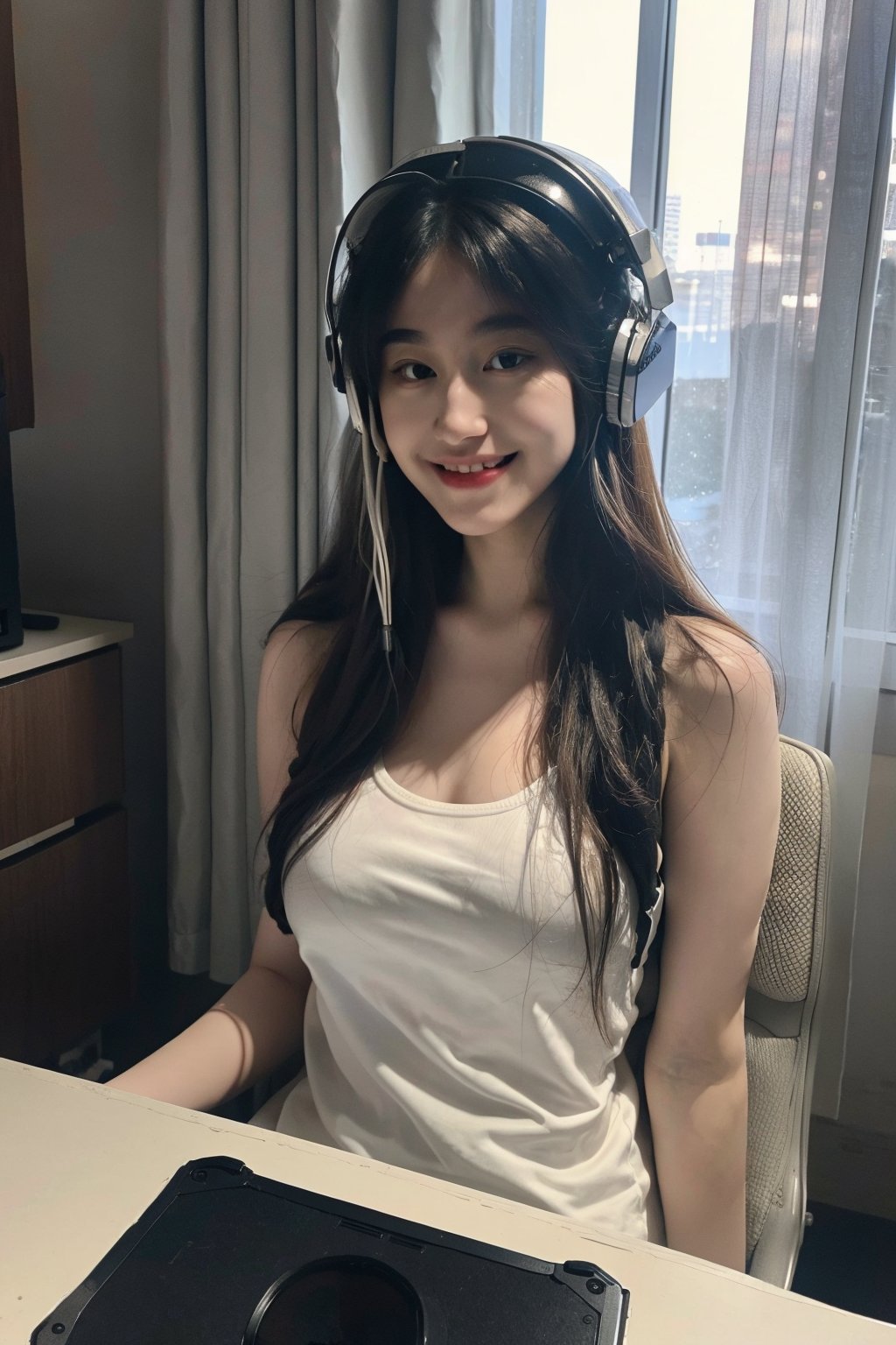 cesiann, 23 year old naked gamer girl sitting in chair, petite, lighting, gaming headset, gaming, photo of a beautiful girl wearing gaming headset, gaming room, messy medium hair, slim body, medium upper body shot, looking at the camera, cute smile, shallow depth of field   