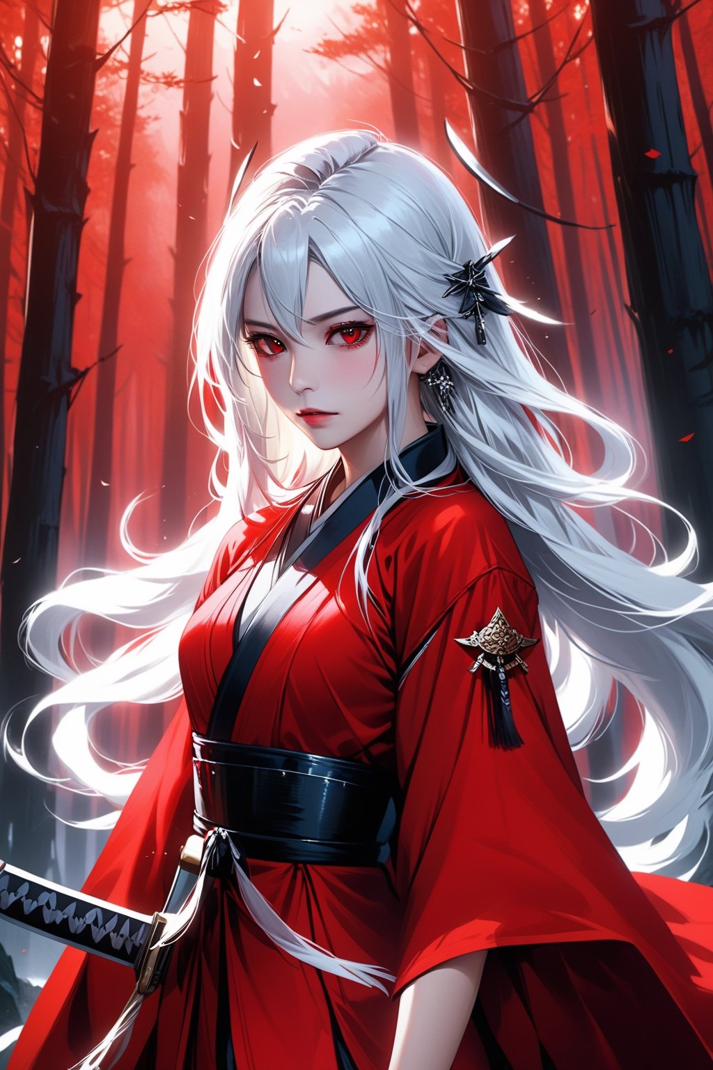 (masterpiece), best quality, expressive eyes, perfect face, samurai vampire girl, Japanese, long white hair, white skin, red eyes, fangs, wearing a red robe, holding a sword, standing in red forest, glaring at viewer, night, artwork portrait,, BREAK,[by Castitas, by Makoto Shinkai, by Hioshiru, by Glacierclear, by Rumiko Takahashi:by Sandra Chevrier, by Rafael Albuquerque, by Foxovh, by Alphonse Mucha],(detailed background, depth of field, shadow, sunlight, ambient light on the body, backlighting),masterpiece, best quality, 4k, 2k, shaded, (intricate:0.9), (high detail, unreal engine:1.25), absurd res, ,Leonardo Style,takahashi rumiko