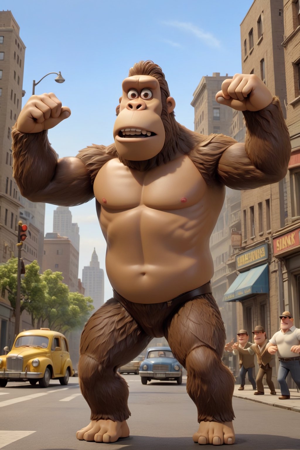 (masterpiece), best quality, King Kong dancing in a city, sunny. Giant. Muscular. Brown. Claymation. Cartoon.